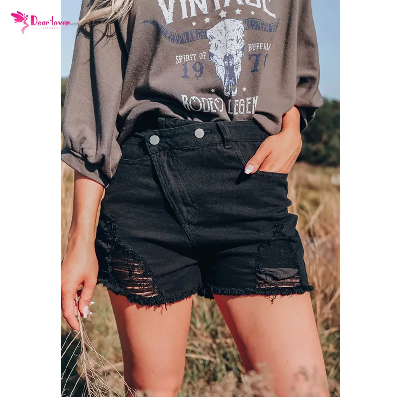 STREETWEAR Black Asymmetrical Ripped Femininos Denim Customized Jean Shorts for Women