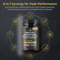 Capsules de Shilajit 8-en-1, 60 unités, pour adultes, avec Ashwagandha, Rhodiola Rosea, Panax Ginseng, pour l'énergie et la concentration, complément alimentaire à base de plantes