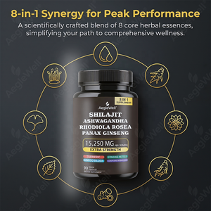 Capsules de Shilajit 8-en-1, 60 unités, pour adultes, avec Ashwagandha, Rhodiola Rosea, Panax Ginseng, pour l'énergie et la concentration, complément alimentaire à base de plantes - Product Image 3