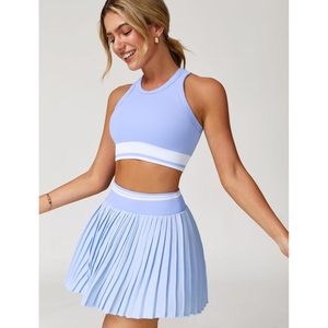 Women Colorblock <b>2</b> <b>Piece</b> Tennis <b>Set</b> Crop Top With High Waisted Pleated Skirt Breathable Sporty Spring Summer - Product Image 2
