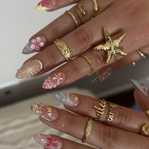 <span class=keywords><strong>Uñas</strong></span> Acrílicas Reutilizables Hechas a Mano, Estilo Dulce, Estilo Veraniego Marino, <span class=keywords><strong>Uñas</strong></span> Postizas de Cobertura Completa con Pegamento, Disponibles para Uso Diario - Product Image 5