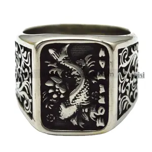 925k Sterling Silver Vintage Jewelry Silver Flower Patterns Carp Blacken Square Signet Ring Stainless Steel Silver Gold Plated