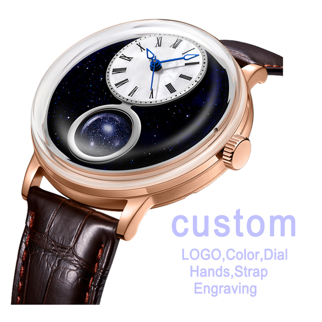 Lapis Lazuli Moon Phase Automatic Watches Customized Blue Starry Sky Aventurine Dial Dome Mechanical Wristwatch OEM Manufacturer