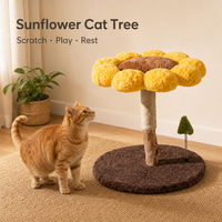 Griffoir en bois pour chat en gros avec perchoir en peluche tournesol, colonne en corde de sisal naturel, base ronde antidérapante, emballage carton, design minimaliste