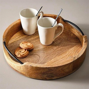 Bandeja Otomana Decorativa de Madera Natural Minimalista para Bodas, con Asas de Hierro, Forma Redonda, Multifuncional - Product Image 5