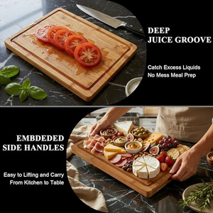 Planches à découper en bambou robustes, carbonisées par l'huile, avec rainures pour les jus et logo gravé au laser, non toxiques - Product Image 5