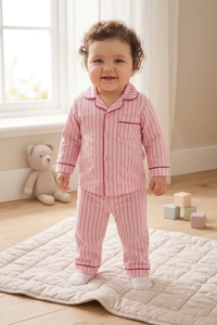 Conjunto de Pijama de 2 Piezas para Bebés Niñas, Camisa con Botones y Pantalones a Rayas Rosas, Cuello Camisero, Algodón Transpirable, Atuendo de Primavera - Product Image 2