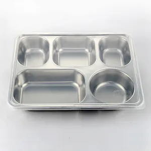 Rectangular five compartments stainless steel with pp lid lunch box eco-friendly stocked