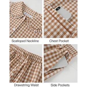 Gingham Pajama Set For Women 2 Piece Short Sleeve Button <b>Down</b> Cotton Sleepwear Plaid <b>Pants</b> With Ruffle Details Casual Lounge - Product Image 6