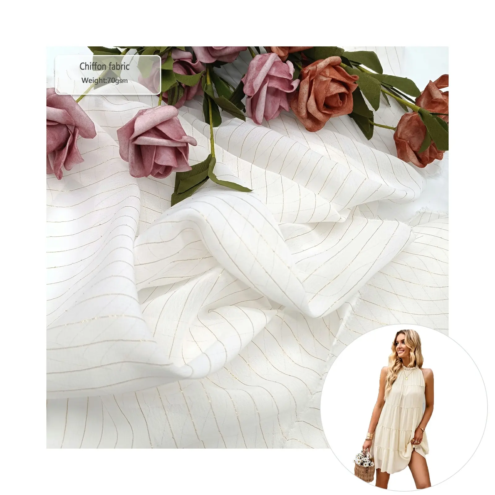 Luxury fabric White Color Spun Gold Yarn Lurex Georgette 75D Chiffon Fabric Organza for Girls' Chic dress