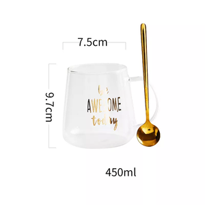 Cốc Uống Trà Thủy Tinh Borosilicate Cao Logo Tùy Chỉnh 450Ml Cốc Cà Phê In Chữ Màu Vàng Trong Suốt Kèm Thìa Vàng - Product Image 6