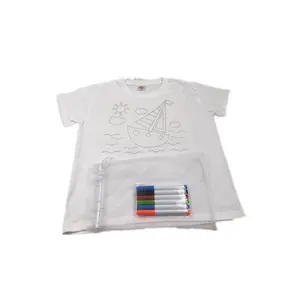 Çocuklar için % 100% pamuk kısa kollu erken eğitim boyama çizim t shirt yıkanabilir kumaş belirteçleri