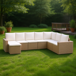 ชุดโซฟาหวายสีเบจแบบโมดูลาร์สำหรับสวน เฟอร์นิเจอร์กลางแจ้ง รองรับที่นั่งได้ 10 ที่นั่งขึ้นไป ดีไซน์ทันสมัย - Product Image 2