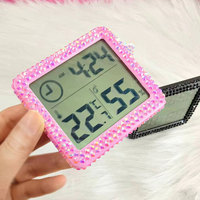 Thermomètre Hygromètre Numérique DIY Pinky Salon Decor pour Extensions de Cils, Mini Thermomètre d'Humidité Intérieur avec Strass