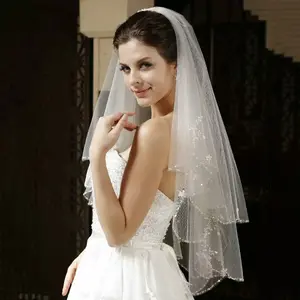 Selubung Pernikahan Pendek Gading 2021 Putih/Gading, dengan Tepi Kristal Mode Payet Manik-manik 2 Lapis Kain Tule Kerudung Pernikahan Pendek dengan Sisir