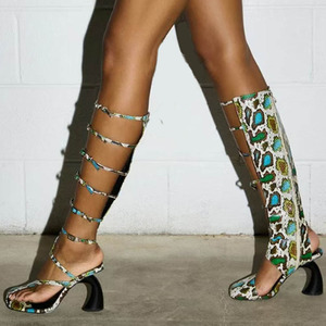 Summer Belt Buckles Women Knee High <b>Boots</b> Irregular Hook Heels Snake Long Booties Split Toe Side Zipper Sandals Shoes - Product Image 2