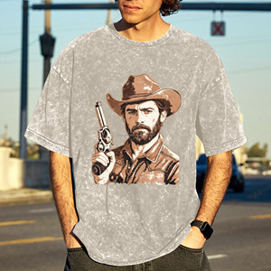 T-shirt en coton délavé à l'acide pour homme, coupe ample, style vintage et usé, avec motif de pistolet de cowboy de l'Ouest <span class=keywords><strong>ancien</strong></span>, vente en gros, stock USA - Product Image 6