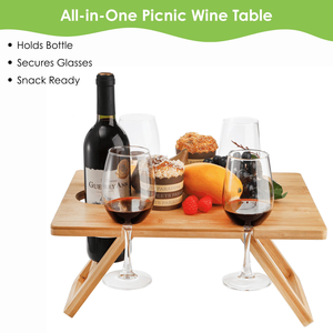 Outdoor <b>Foldable</b> Beach Tray Portable Wooden Wine Picnic <b>Table</b> With Wine Holders - Product Image 2