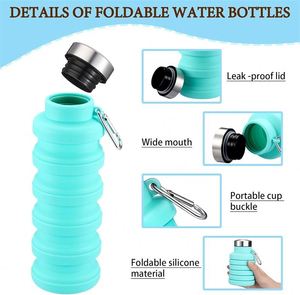 Collapsible Silicone Water <b>Bottle</b> with Carabiner Reusable Travel <b>Sports</b> Cup Leak Proof Screw Cap - Product Image 2