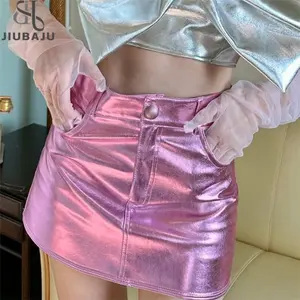 Metallic Silver Mini Skirts For Women Summer High Waist Pencil Skirts Sexy Night Club Party Skirts