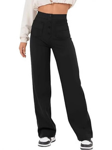 Pantalones de Mujer Estilo Europeo Americano, Cintura Alta, Bolsillos <span class=keywords><strong>con</strong></span> Solapa, Cintura Elástica <span class=keywords><strong>con</strong></span> <span class=keywords><strong>Botones</strong></span>, Diseño Casual Holgado de Pierna Ancha para Otoño - Product Image 2