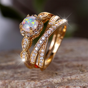 Trắng Opal Vòng đá thiết lập sang trọng pha lê trắng Zircon đôi nhẫn cho phụ nữ hợp thời trang màu vàng Bridal Wedding Bộ đồ trang sức - Product Image 3