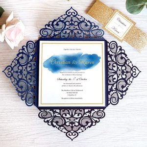 Carte d'invitation de mariage découpée au Laser en papier <span class=keywords><strong>bleu</strong></span> <span class=keywords><strong>marine</strong></span> à paillettes carrées avec décoration de mariage personnalisée, fournitures de fête - Product Image 5