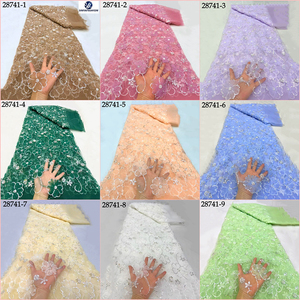 Tissu en dentelle africaine 3D Sinya de haute qualité avec fleurs, perles et sequins, 5 yards, en tulle <span class=keywords><strong>français</strong></span> pour robe de mariée Aso Ebi - Product Image 2