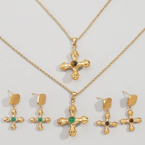 Ensemble collier et boucles d'oreilles vintage baroque avec pendentif croix, en or 18 carats, acier inoxydable, pierre naturelle œil de <span class=keywords><strong>tigre</strong></span>, agate verte, <span class=keywords><strong>chaîne</strong></span> corde, étanche - Product Image 1