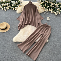 Nouveau Simple couleur unie décontracté col haut tricoté haut + taille haute jambe large pantalon lumière luxe soeur ensemble femme hiver