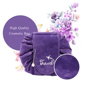 Alta Qualidade Novo Design Moda Viagem Redonda Make Up Bag Portátil Soft Velvet Cosmetic Pouch Drawstring Saco Cosmético