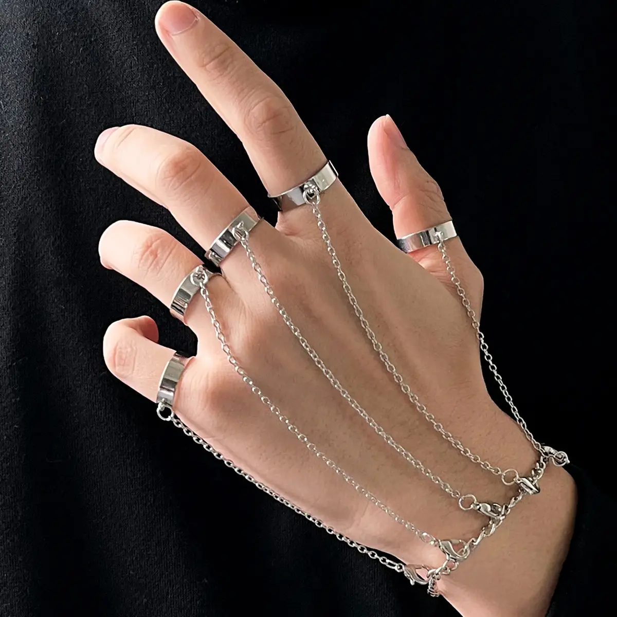 Personalized Fashion Trend Punk Geometric Silver Color Chain Wrist Bracelet For Women Men Ring Charm Set Couple Jewelry Gifts