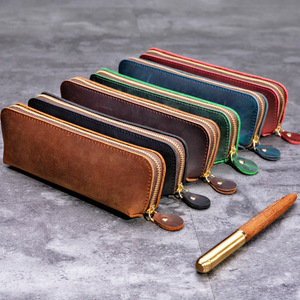 Estuche para bolígrafos con cremallera de cuero genuino Vintage Crazy Horse, estuche para lápices de papelería de cuero Real, regalos para hijo e hija - Product Image 1