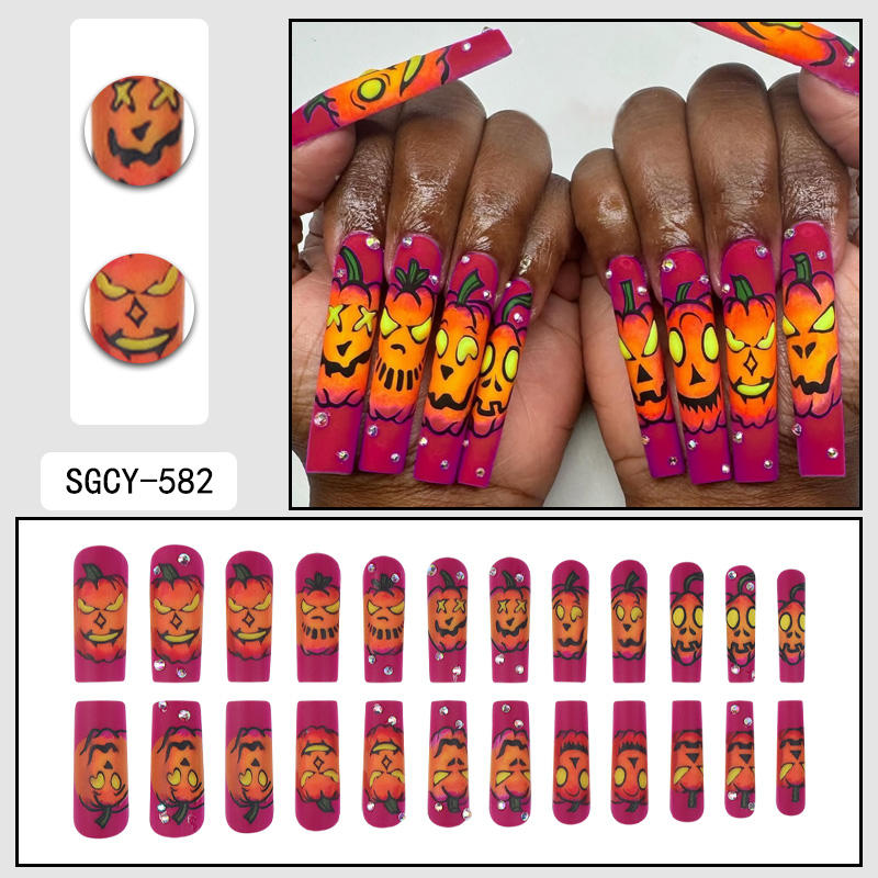 24pcs Halloween French Style False Nails Set ABS Material Long Coffin-Shaped Pressing Fake Nails