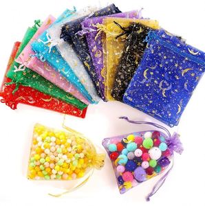 SHUNLI SLP-0136 100 pièces Sacs en organza étoile et lune, couleurs assorties, pour cadeaux de Noël et de mariage, pochettes à bijoux avec cordon de serrage - Product Image 1