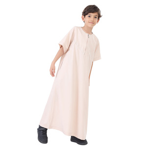 Túnica con cremallera de manga corta y cuello redondo para niños árabes musulmanes de Oriente Medio, caftán Thobe Thawb de Color sólido para niños - Product Image 5