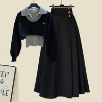 Grand ensemble d'automne pour femmes à la mode Nouveau pull ample chaud Taille haute Minceur Demi-jupe avec gilet Ensemble trois pièces