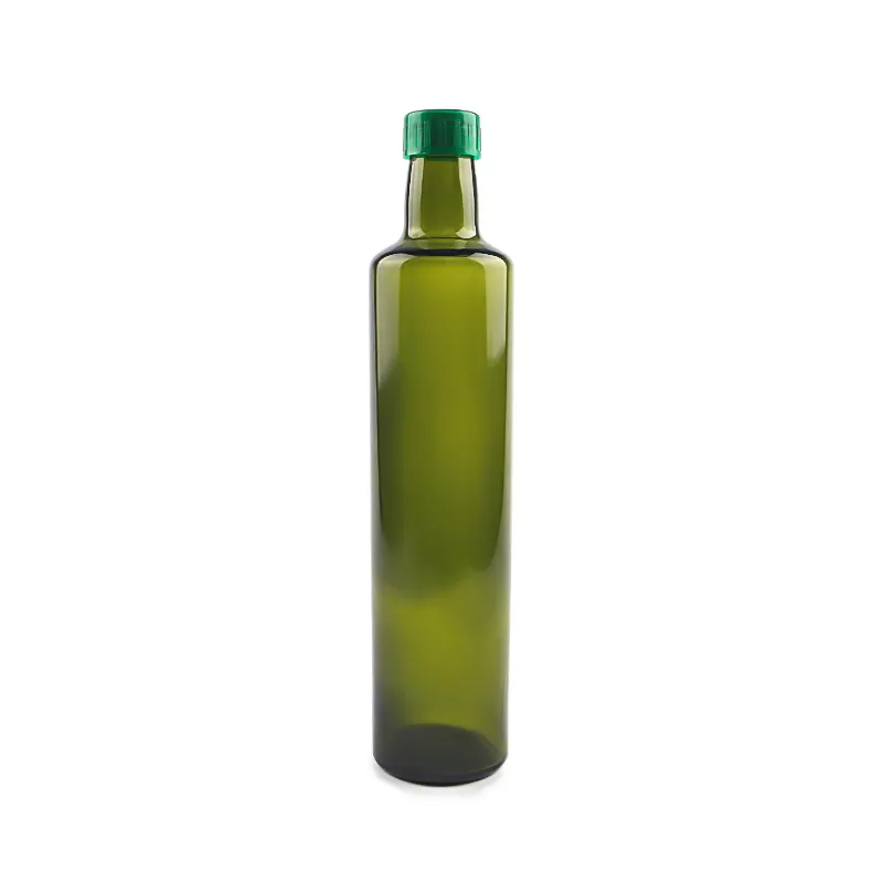 Botella de vidrio de color verde con forma redonda, aceite de oliva de grado alimenticio con tapa de plástico, 500ml, gran oferta