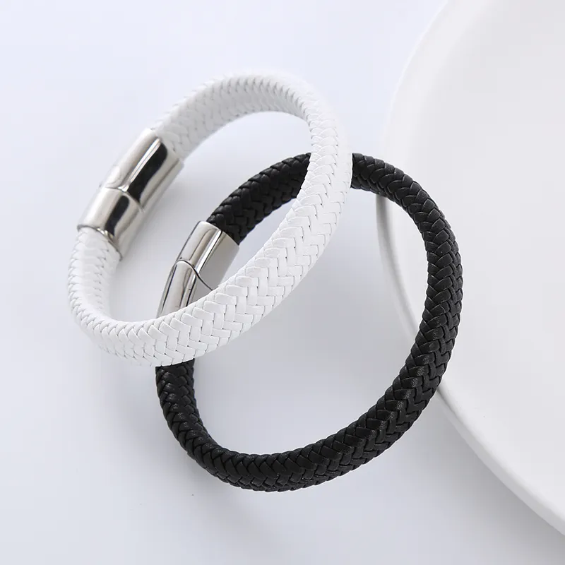 Joyería de moda trenzada Cierre magnético negro blanco tejido brazalete de cuero para mujer