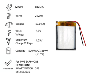 แบตเตอรี่ลิเธียมโพลิเมอร์602535-<span class=keywords><strong>2</strong></span>ขนาด500มิลลิแอมป์3.7โวลต์602535แบตเตอรี่สำรอง<span class=keywords><strong>2</strong></span>สายความจุสูงชาร์จไฟได้ - Product Image 3