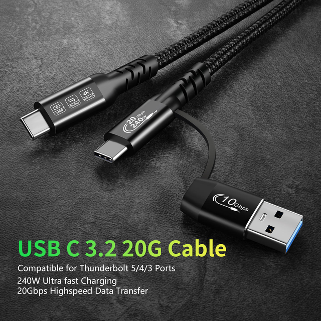 Xput 2 in 1 Multi Function USB C Cable USB3.2 Type C and USB3.0 Connector 240W PD 20Gbps Data Transfer 4K HD Video Output for PC