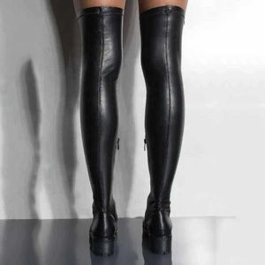 Botas altas sexys de PU ajustadas con punta redonda y media cremallera lateral, tacón bajo, talla grande 43, por encima de la rodilla, al por mayor - Product Image 3