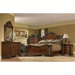 Base de Cama de Madera con Acabado en Nogal Oscuro, Cabecera Panelada y Postes de Esquina para Dormitorio - Product Image 4