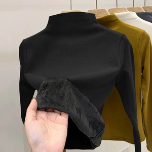 Women's High Neck Fleece Lined Long Sleeve <b>Top</b> Mustard Warm Solid Color Polyester Sweatshirt Autumn Winter Base <b>Layer</b> - Product Image 3