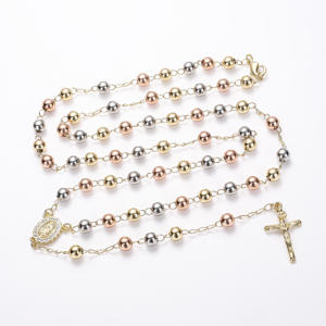 เครื่องประดับโรซารี่พระแม่มารีชุบทอง 14k ลูกประคำคาทอลิกประดับเพชร ลูกปัดสามสี - Product Image 3