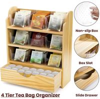 Organisateur de sachets de thé en bois à 4 niveaux à prix avantageux, support vertical pour café et thé, tiroir coulissant, étagère pour sachets de thé pour la maison et le bureau