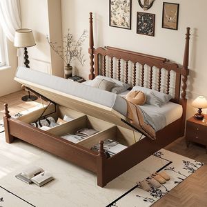 French Retro Solid Wood <b>Bed</b> <b>Double</b> Storage Master Bedroom Beaded <b>Bed</b> Simple Luxurious - Product Image 1