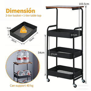 4 Layer Metal Utility Trolley with Wooden Tabletop Multipurpose Rolling <strong>Storage</strong> <strong>Cart</strong> with Casters for Kitchen - Product Image 3