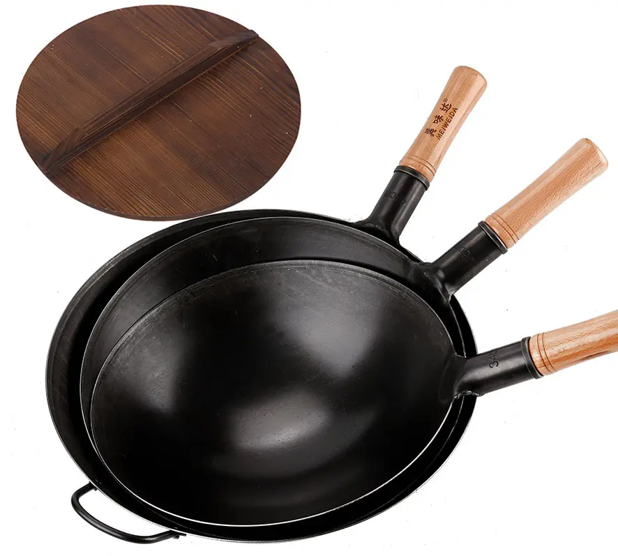 Wok chinois en acier au carbone, de 32cm à 70cm, avec couvercle en bois, pour restaurant et école, wok commercial d'usine, livraison gratuite
