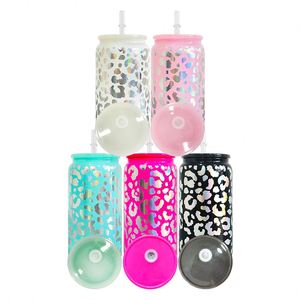 Venta al por mayor desde almacén en China: Latas de vidrio de 16 oz con estampado holográfico de leopardo y tapas de PP coloridas - Product Image 3